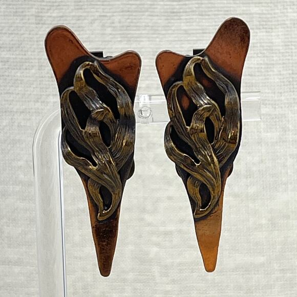 Hand-Carved Cut Copper w/ Melted Gold Tone Design Metal Clip-On Unique Earrings - Picture 1 of 4